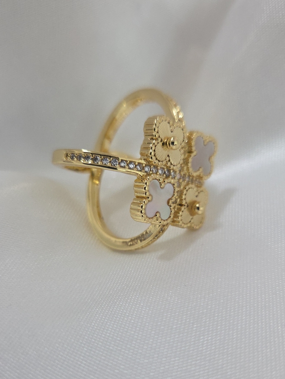 14K Laminated Scarf White Clover Gold Ring - Designer Style Women Jewelry